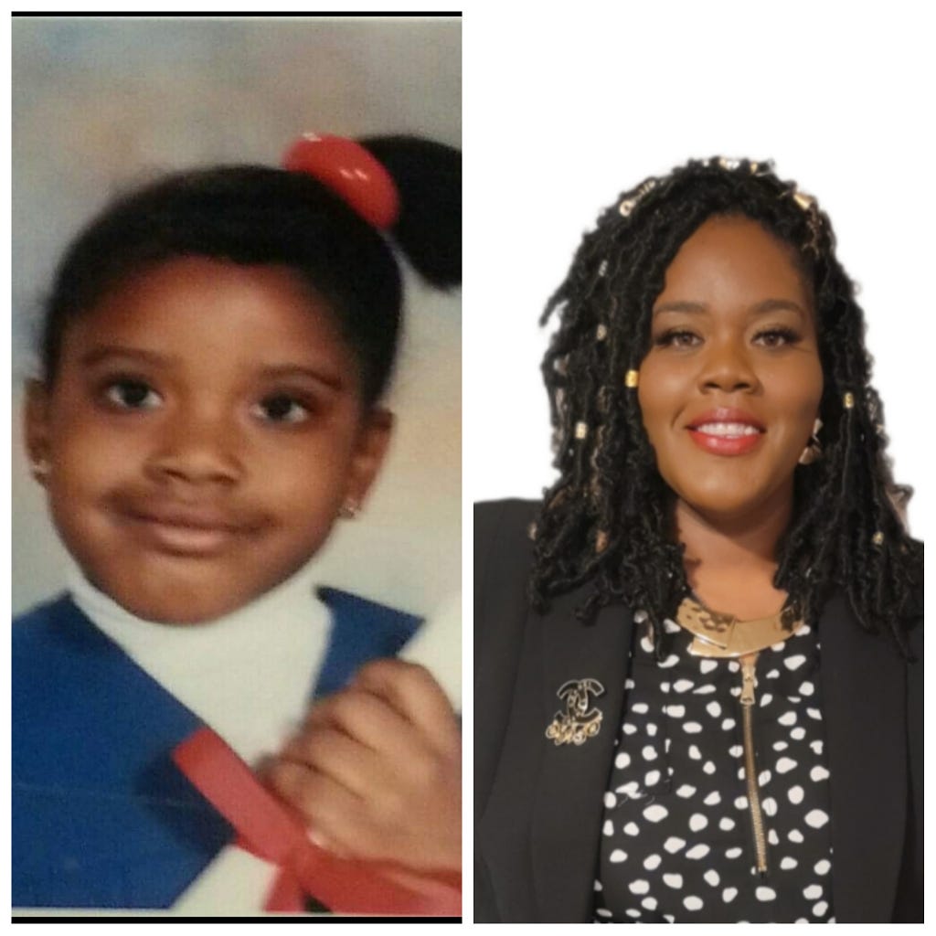 Two photos side by side. On the left, a picture of Josalyn Brown Robinson as a child graduating from North Tang Head Start program in Roseland, Louisiana. On the right, Josalyn today in her role as the Executive Director of Regina Coeli Child Development Center.