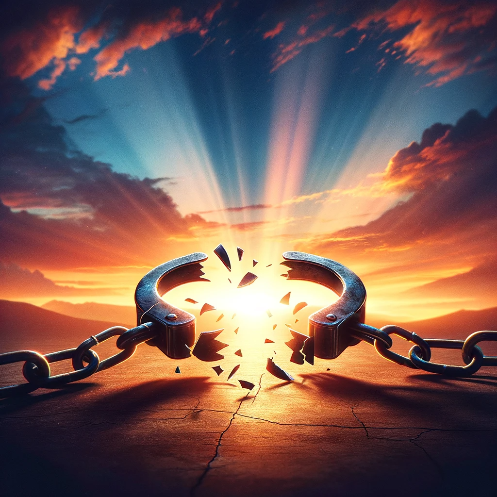 AI generated image of broken shackles in front of a bright sunrise. The image symbolizes the freedom of breaking free from comfortable routines to embrace a more intentional leadership style.