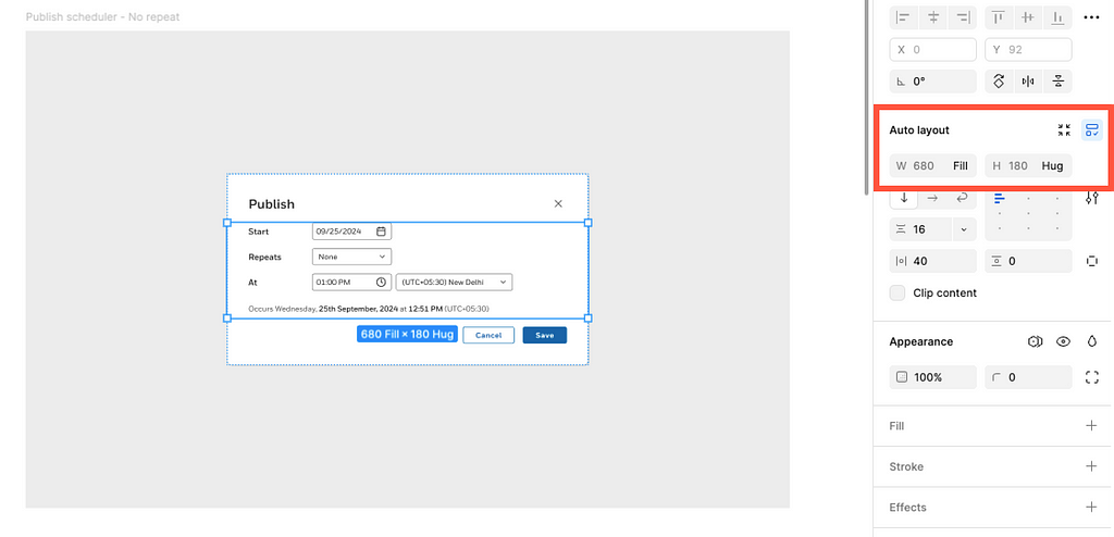 A frame is highlighted in a Figma design, and the auto-layout properties show the frame’s height and width pixel values