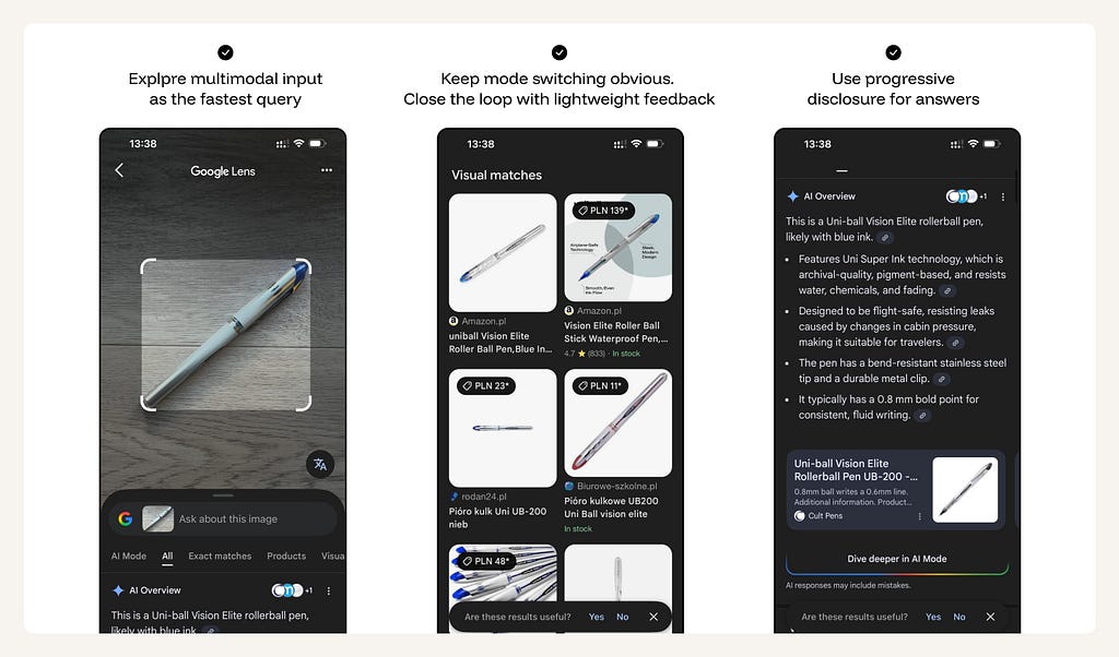 Google Lens identifying a pen from an image, showing visual matches and a Google Search AI Overview with product details.