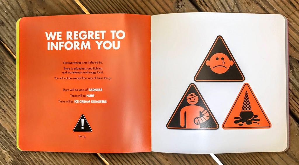 interior page spread of children’s book, “We regret to inform you” about life problems