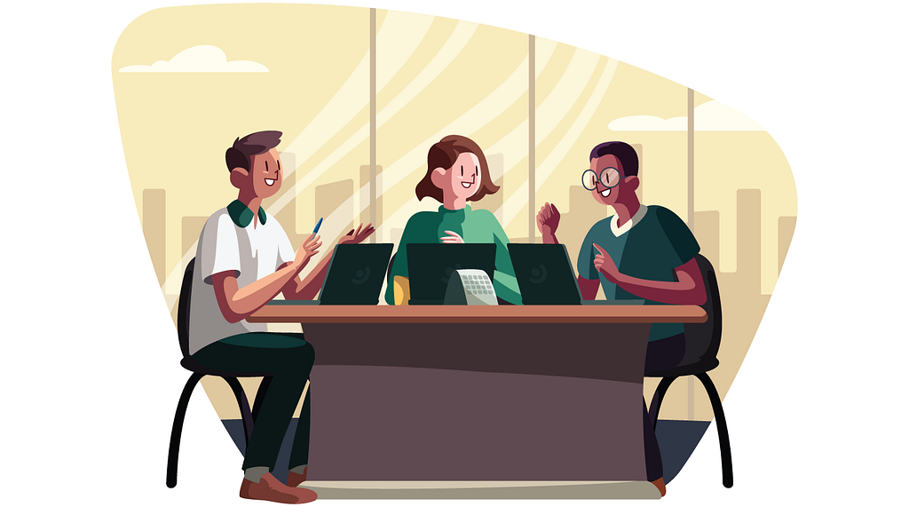 Ilustração de uma mesa de reunião com 3 pessoas sentadas ao redor conversando, sendo 2 homens e 1 mulher. Todos com noteboks à sua frente.