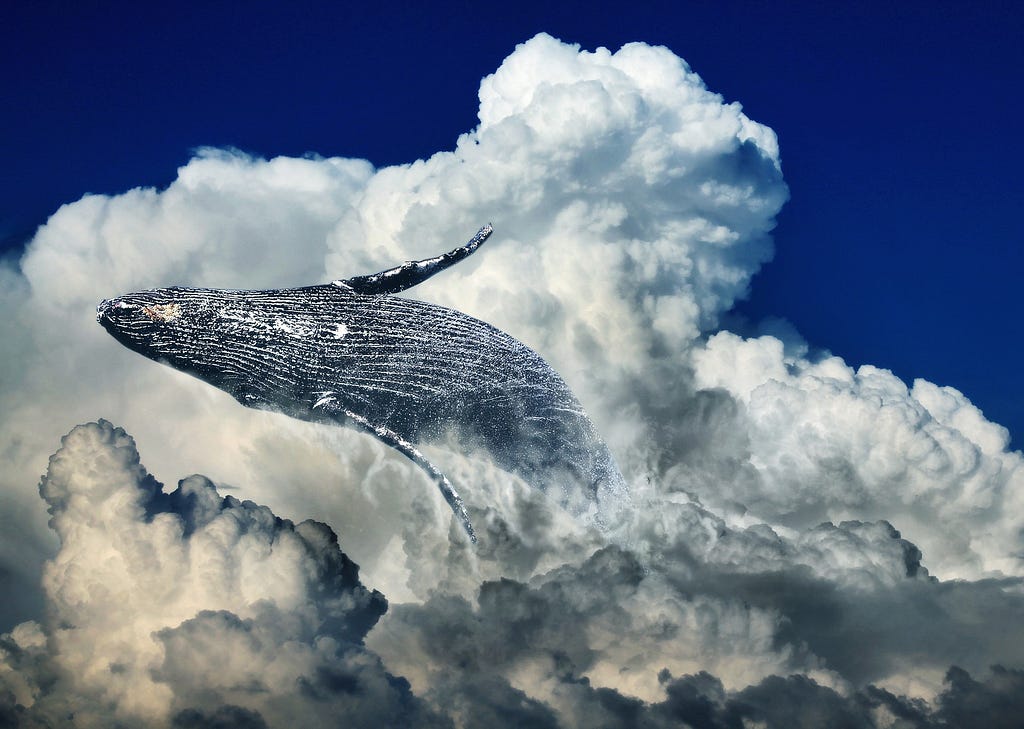 Imagem abstrata de uma baleia saltando entre nuvens.