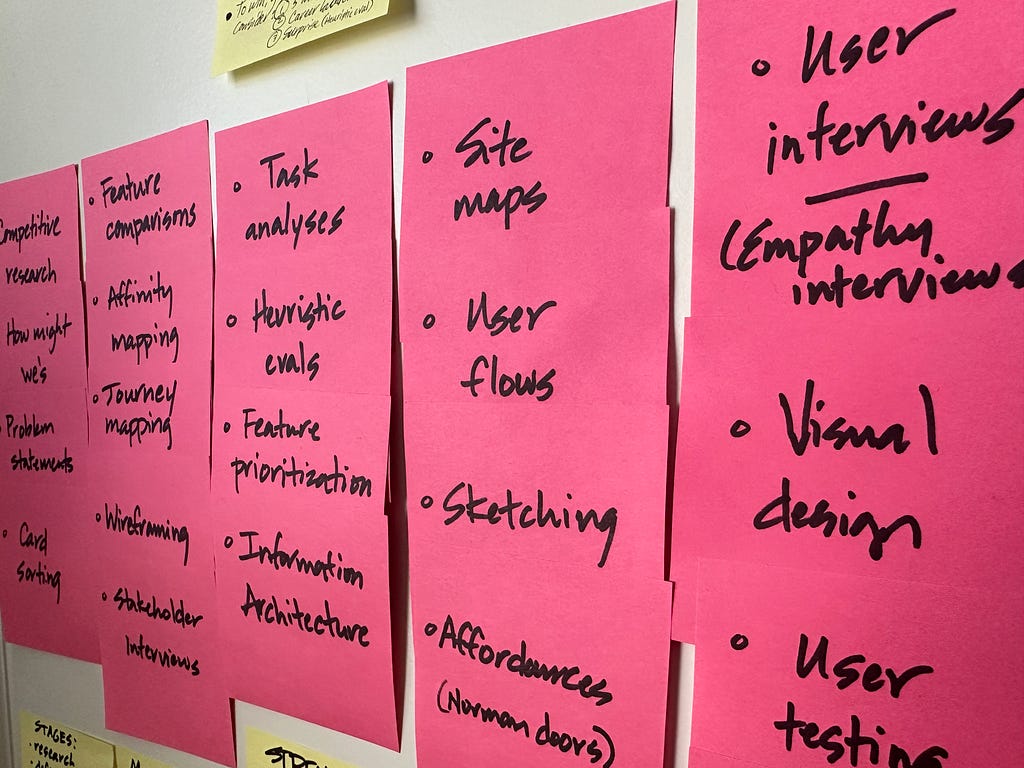 Handwritten sticky notes stacked in columns listing UX skills