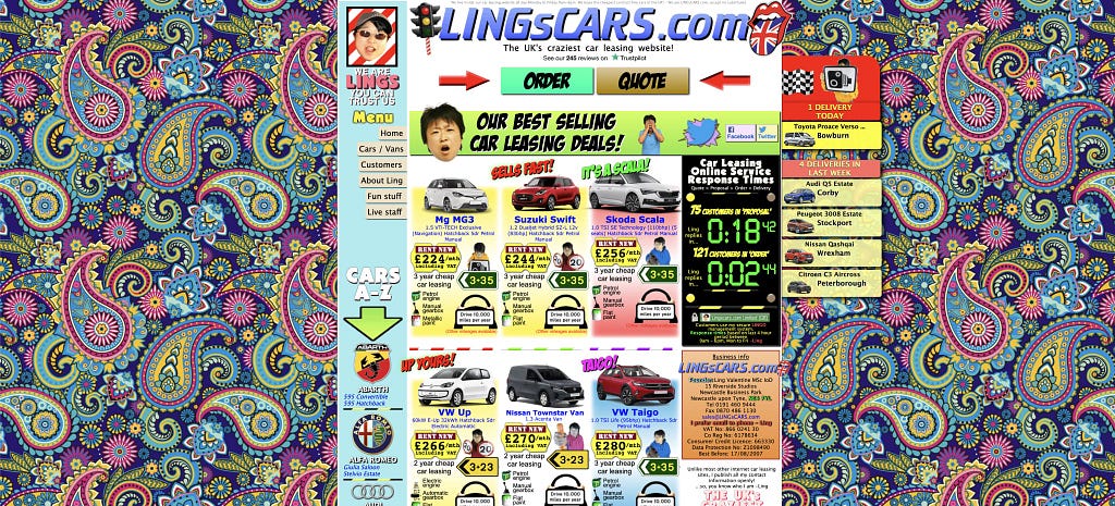 Image of the lingscars.com website over crowded with colors and elements.