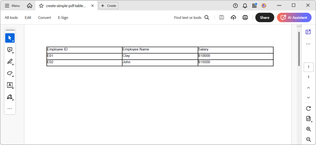 Creating a simple table in a PDF document using the .NET PDF Library