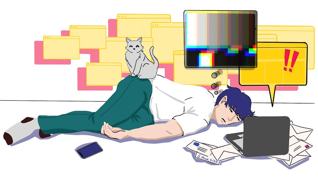 Illustration of person lying on the floor starting at a laptop releasing a lot of task bubbles. A cat sits on the person