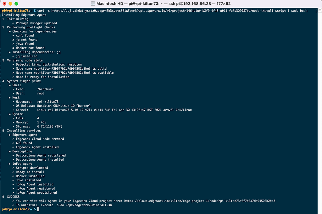 Screen capture of Raspberry Pi successful installation of Edgeworx Agent