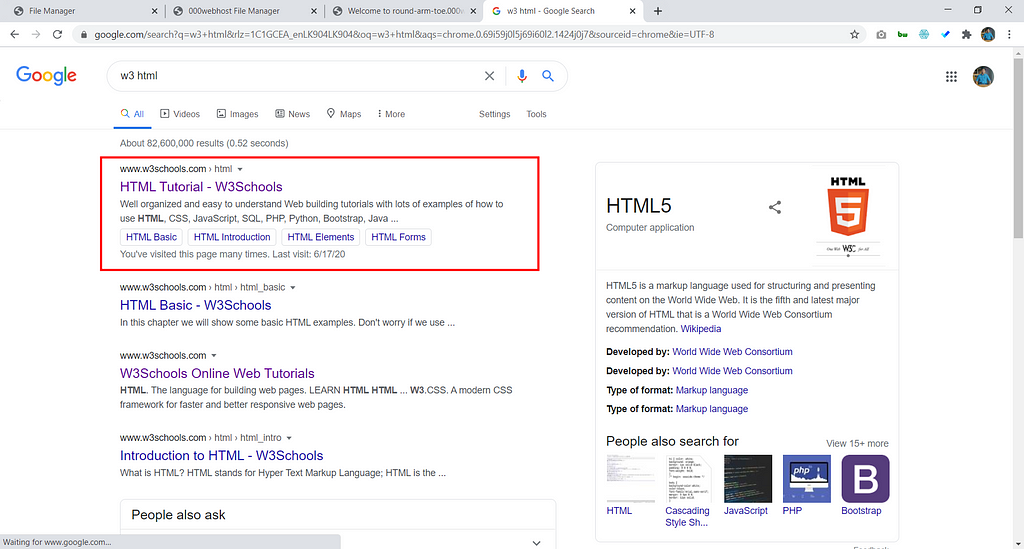 Searching for w3schools.com on Google.com