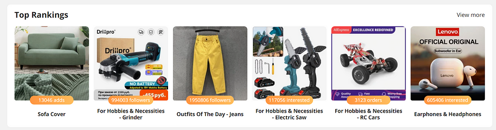 Screenshot from AliExpress, with products of their marketplace having a certain number of adds, followers, orders