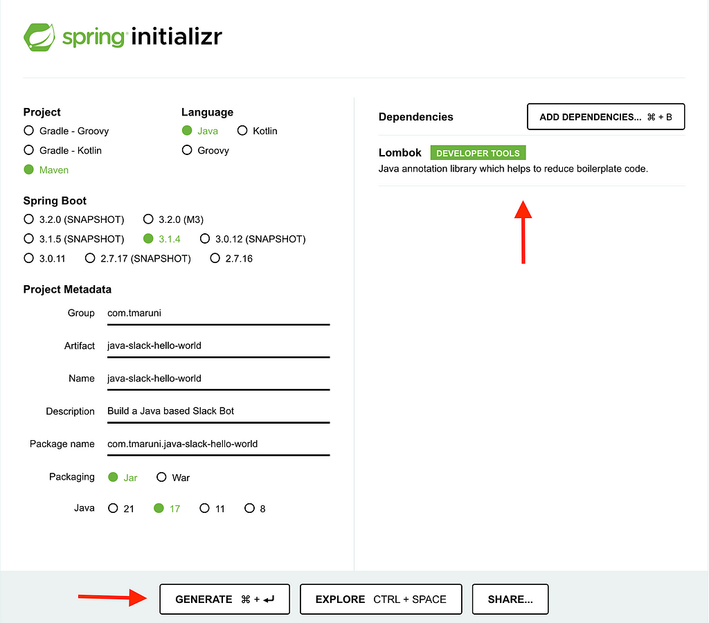 Creating the Java project with Spring Initialzr