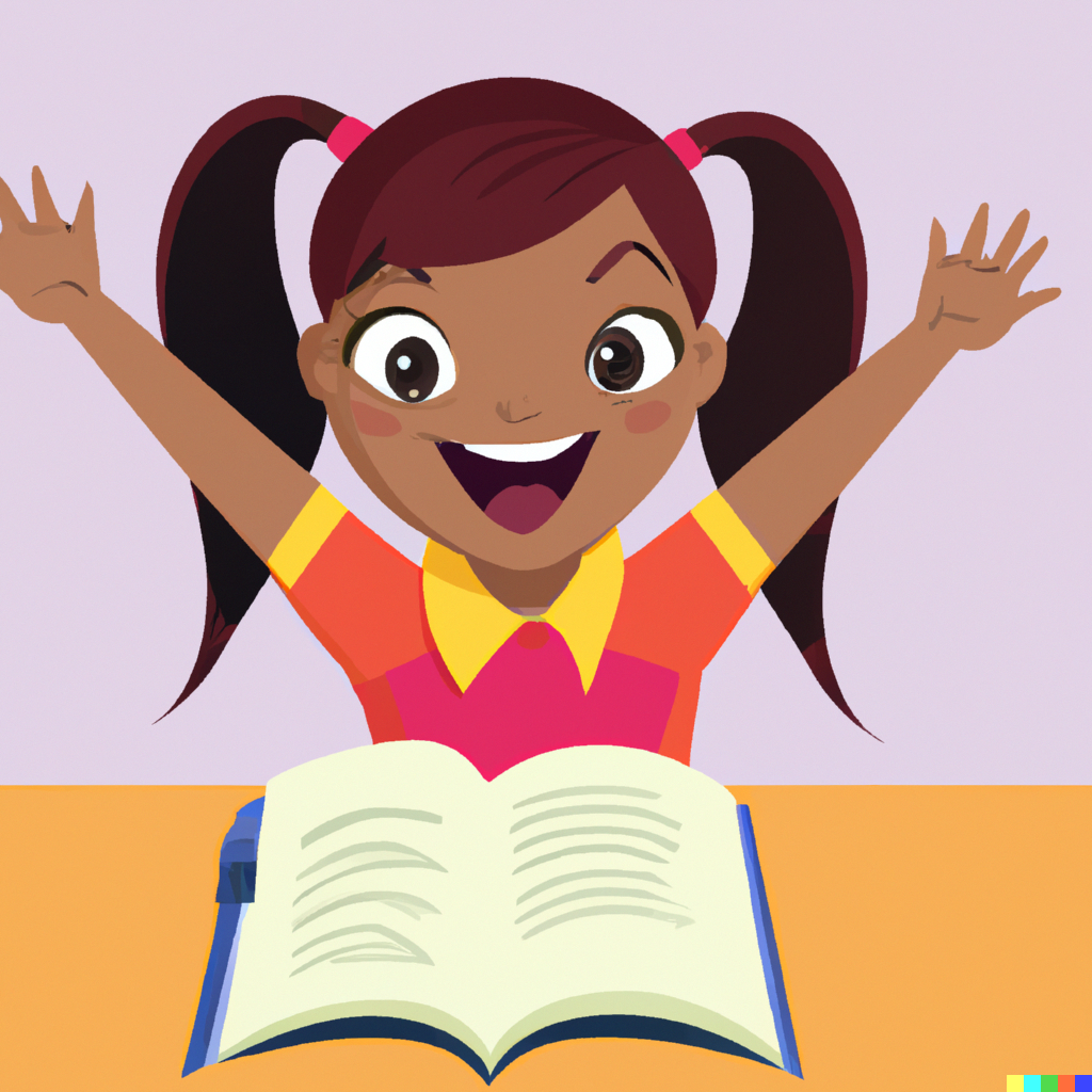 A girl excited about learning with a book on the table — Image generated by DALL-E