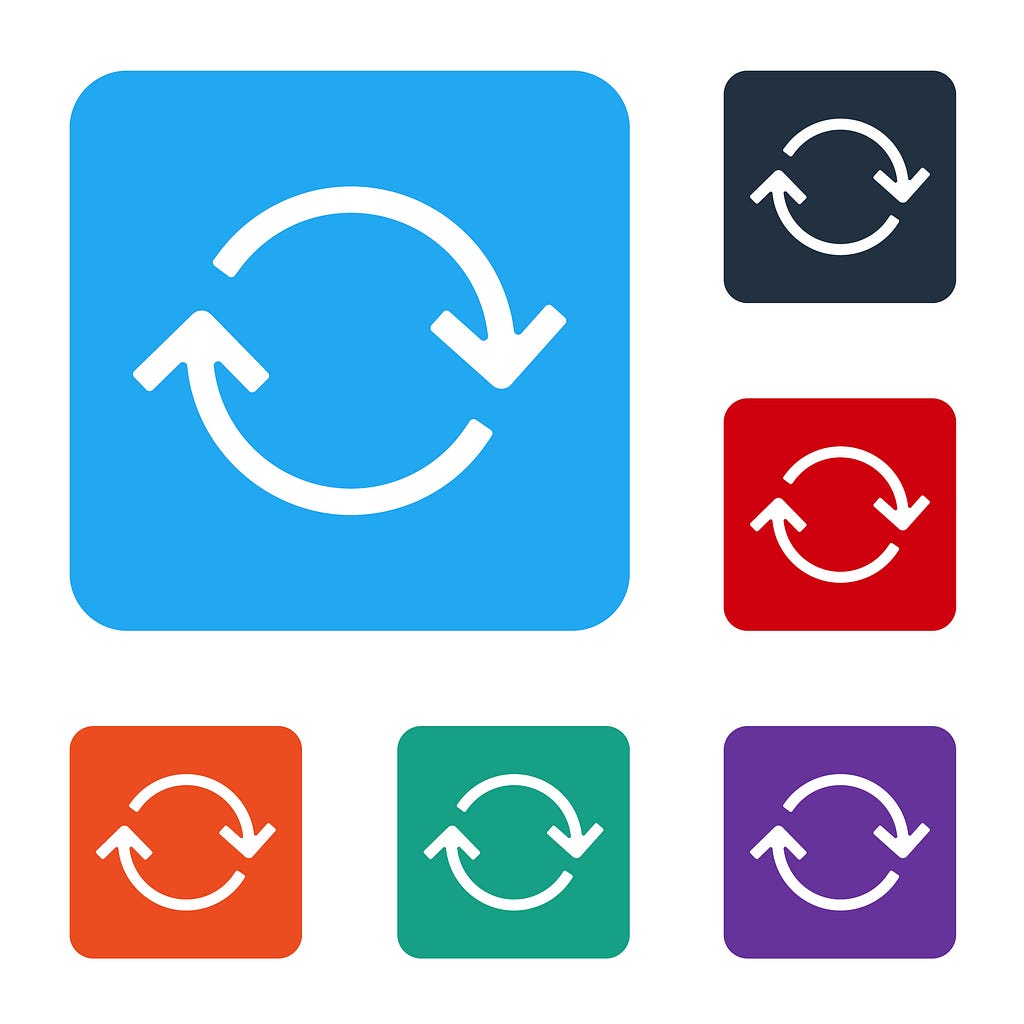 A series of icons meant to represent feedback loops. Each icon has two curved arrows which create the feeling of a circle. There are five smaller icons, and one larger one. Each icon has a different coloured square background.