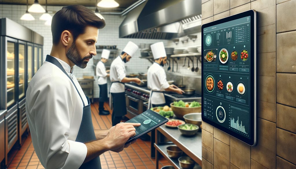 Chef using a kitchen-mounted tablet with AI software to support food allergy management.