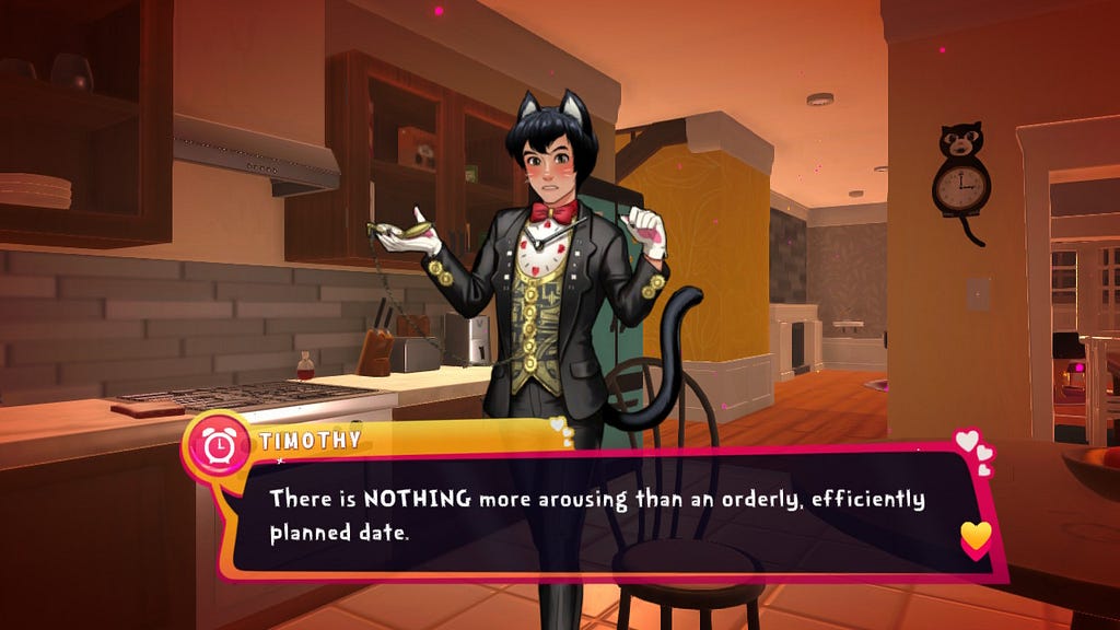 A younggentleman in a suit with a clock face on the chest of his shirt, holding a pocket watch in his gloved hands. He also has a cat tail and cat ears. He’s saying “there’s NOTHING more arousing than an orderly, efficiently planned date.”