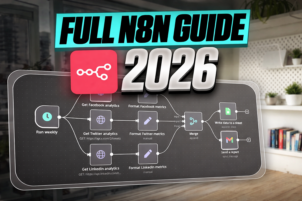 Thumbnail graphic with bold text ‘Full n8n Guide 2026’, a pink automation icon, and a workflow diagram showing social media analytics and reporting steps on a blurred office background.