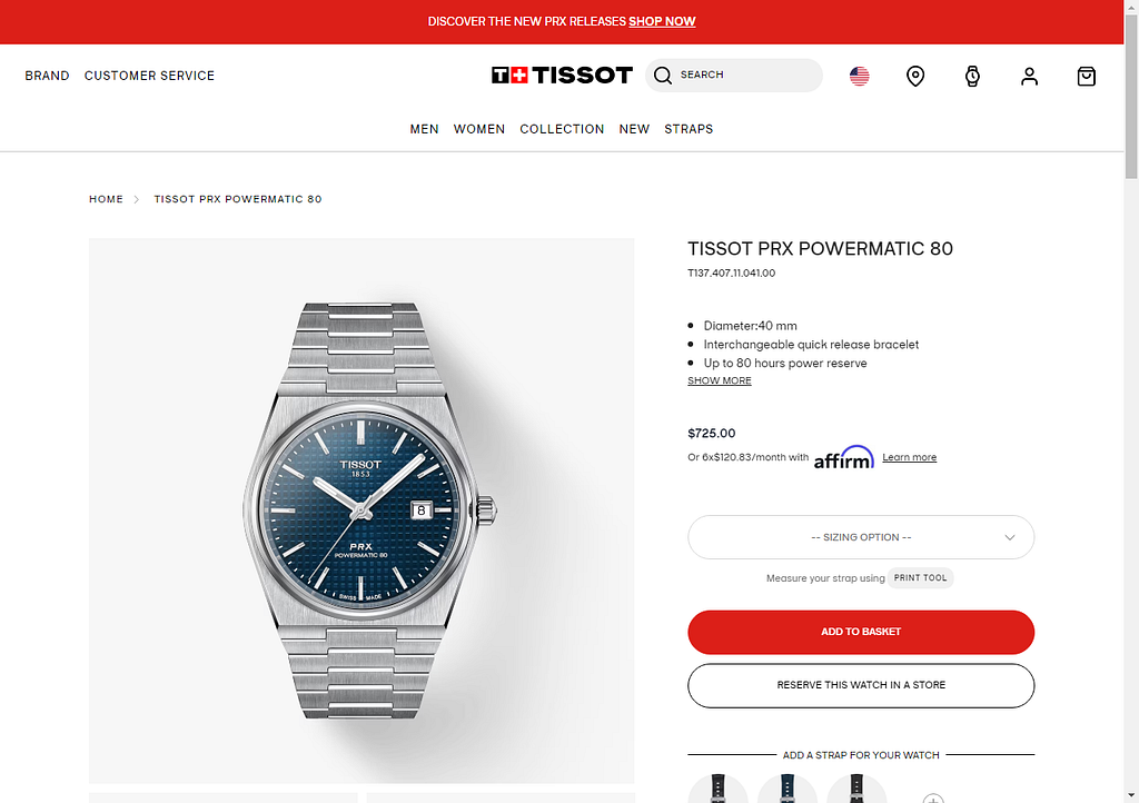 Tissot PRX Automatic watch on the official site