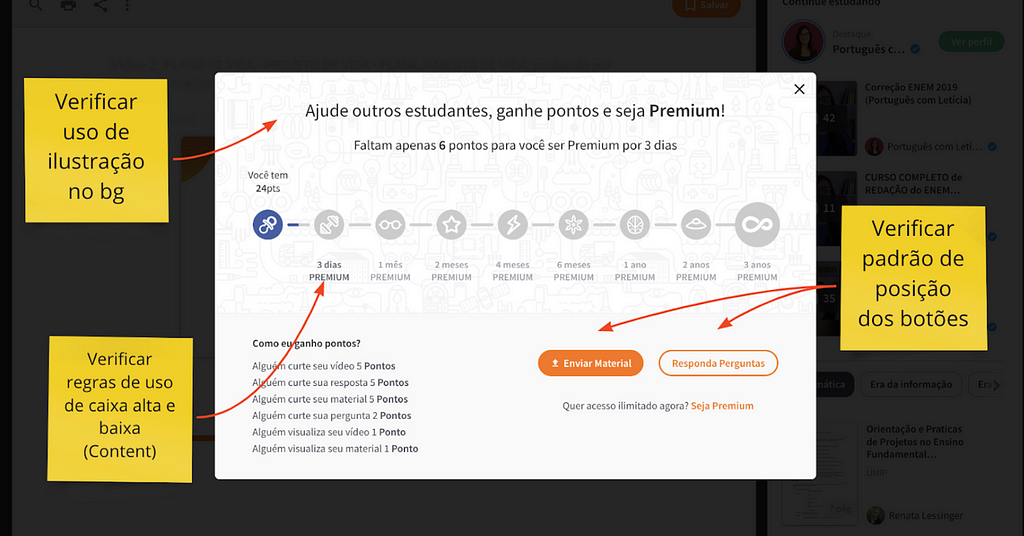 Print da tela do produto com post its apontando para botões e textos que precisam ser verificados