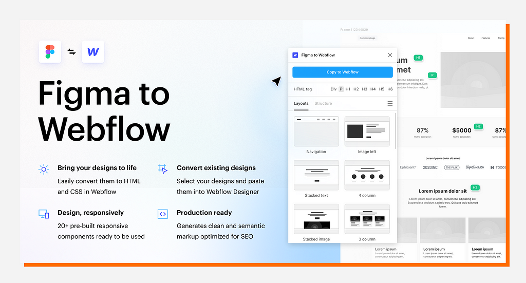 figma to webflow screen with some layout block examples