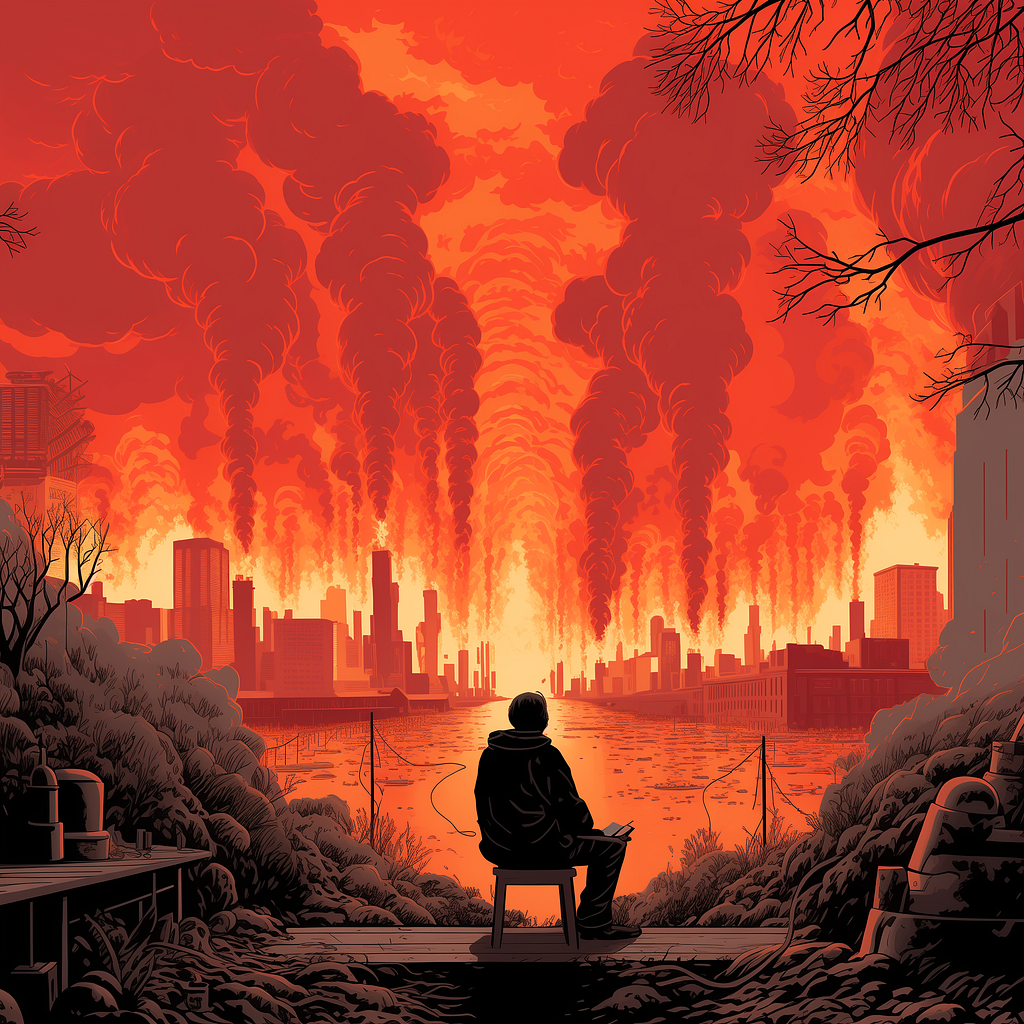An illustration of a silhouetted seated individual looking at a burning skyline.