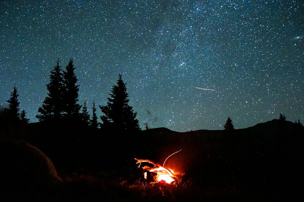 Photo has Campfire centered in the deep night of stars and horizon of trees.