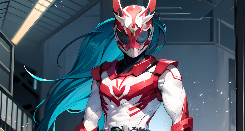 A masked, armored superhero character in a red and white costume with long blue hair