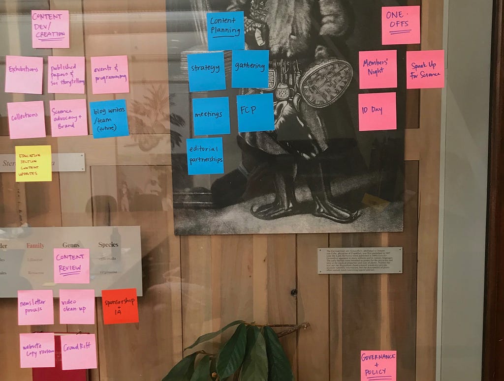 Many multi-colored Post-It notes stuck to the glass of an old museum display case, arranged by categories of projects.