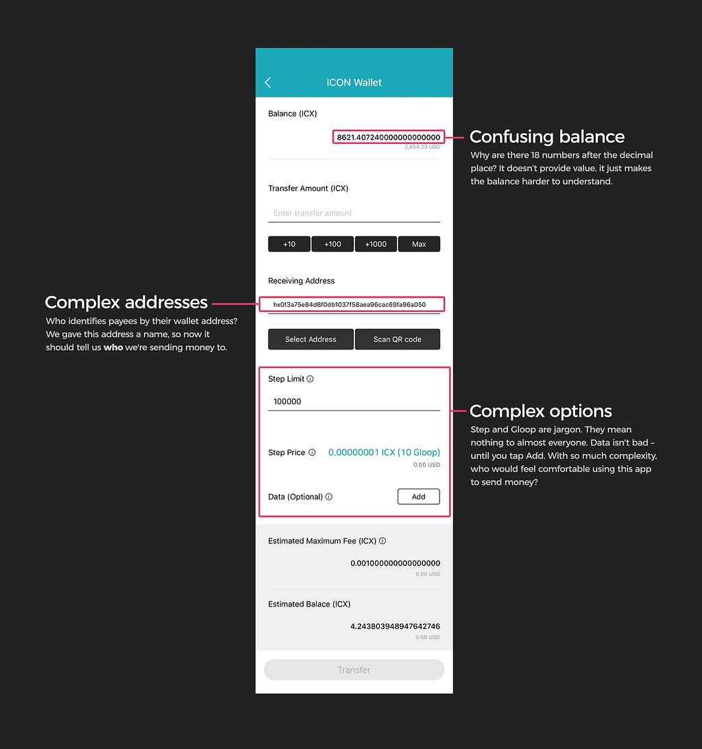 The current ICONex send page, with tooltips for the confusing balance, complex addresses, and complex options.