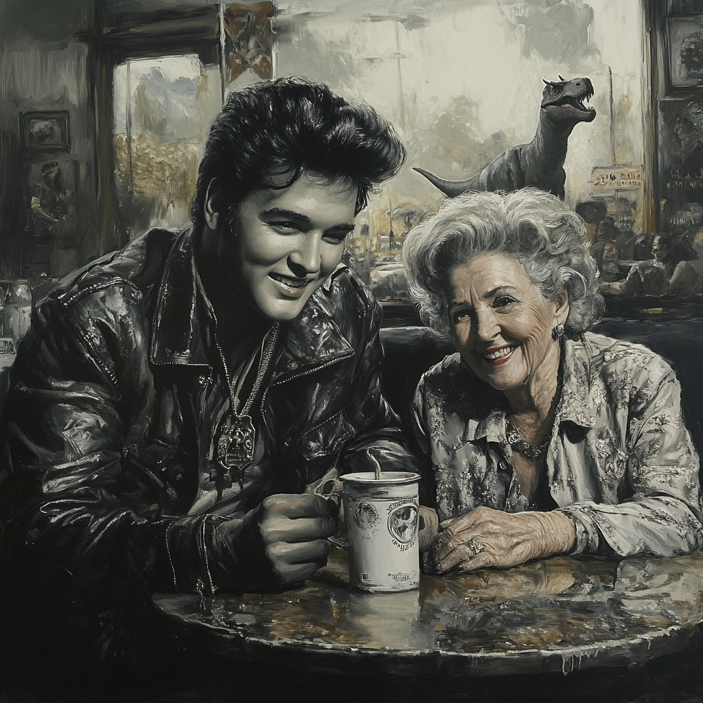 a black and gray oil painting of Elvis Presley drinking coffee with a smiling grandma in the background you can see dinosaurs; oil on canvas, elegant retro style