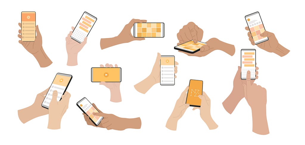 Hands of people using mobile apps in smartphones