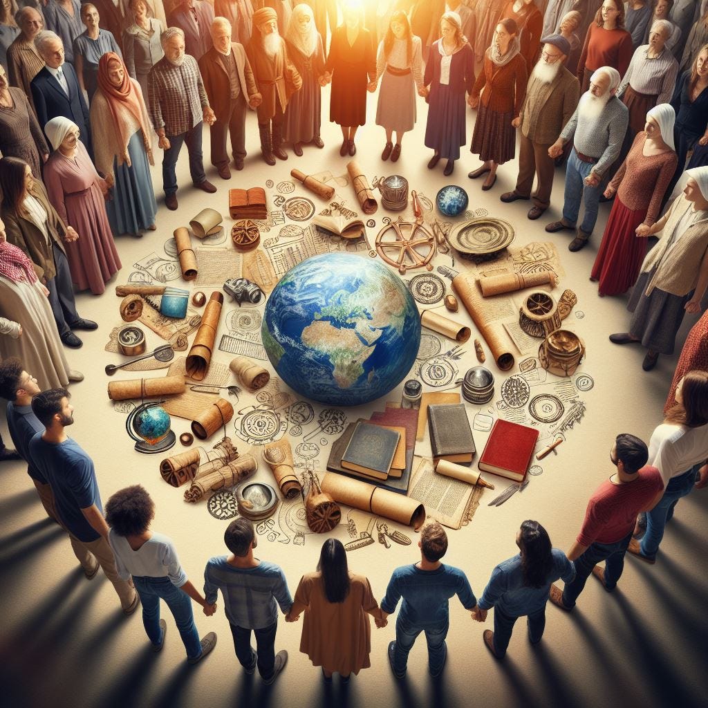 Group of people gathered around a globe, holding hands, with historical documents at their feet.