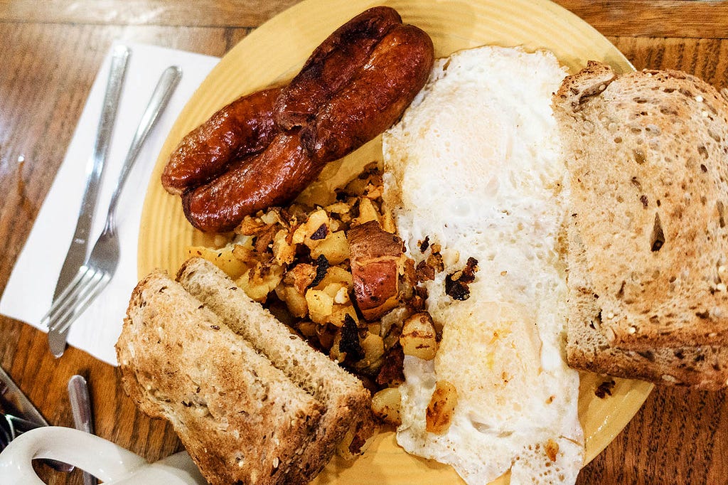 egg, sausage, potato, and toast breakfast plate