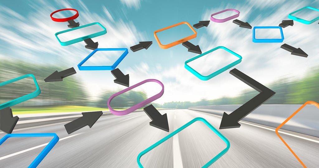 An abstract visual depicting shapes and arrows to represent attack flow. The shapes and arrows are layered on top of a blurred road to represent the speed with which the release can help users.