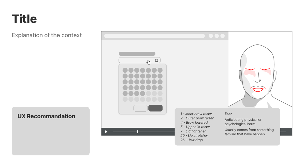 Powerpoint slide with a micro-expression, the FACS code associated, an explanation of the context and an UX recommandation.