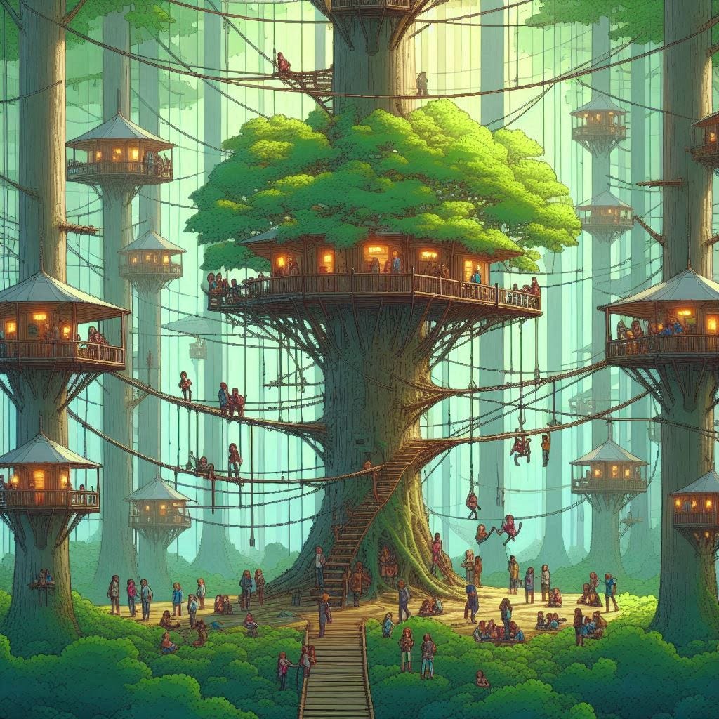 AI generated image of a systems thinking treehouse school hanging in tall forest, network of paths between platforms, with groups 3–12 learners gathering, talking and laughing. The treehouse is part of a city. Very green and dream like in chip tune style. (Source: Image Creator from Microsoft Designer)