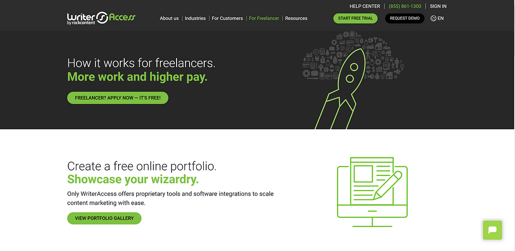 Screenshot of freelance writing website.