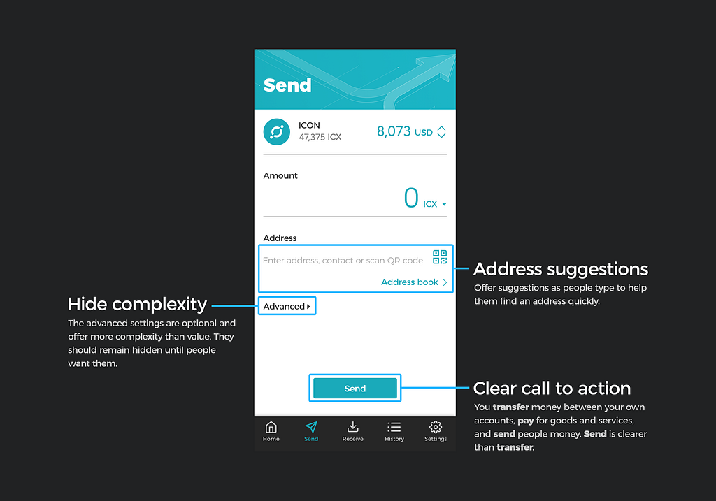 Our redesign of the ICONex send page, with tooltips for address suggestions, clear call to action, and hide complexity.