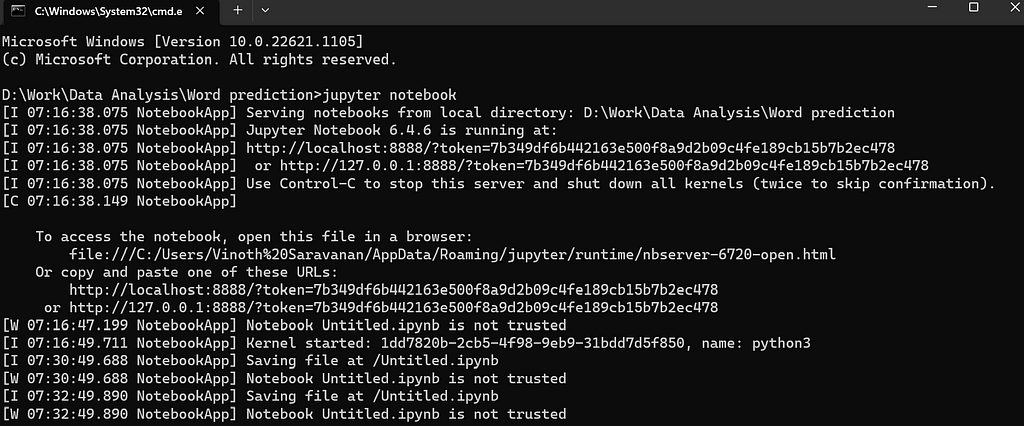 Once user enters jupyter notebook, command prompt will show like this