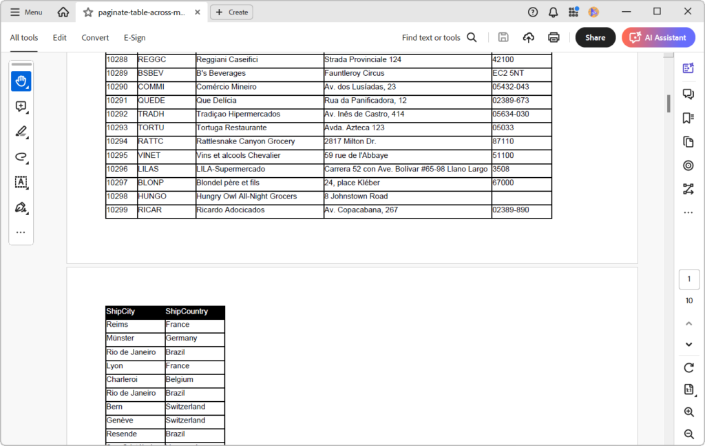 Paginating table columns in a PDF using the .NET PDF Library