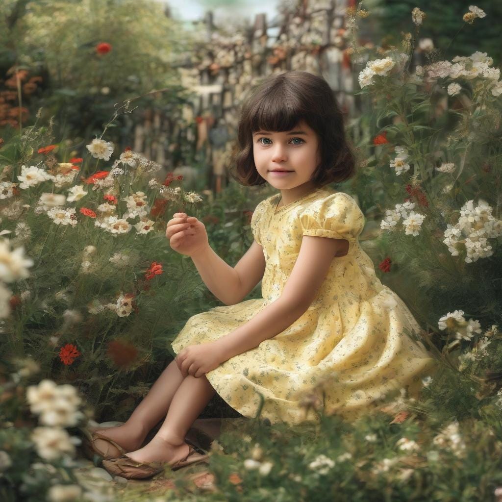 A young 5 year old girl with dark brown hair, black eyes, sitting in a garden surrounded by flowers. She is wearing a light lemon coloured dress with small flowers on it. Her hair is open and in a short bob. She is engrossed in her own world.