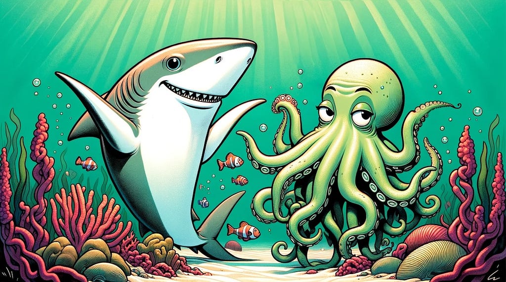 A cartoon-style illustration, showing a shark and an octopus facing the viewer and shrugging in a ‘I don’t know’ gesture. The shark and octopus are depicted in a humorous, cartoonish manner. The shark, with a bemused expression, and the octopus, colored light green close to hex #ABF39F, both raise their fins and tentacles in a classic shrug, their faces conveying a playful sense of confusion or uncertainty. The underwater scene is vibrant and whimsical, with stylized coral and seaweed.