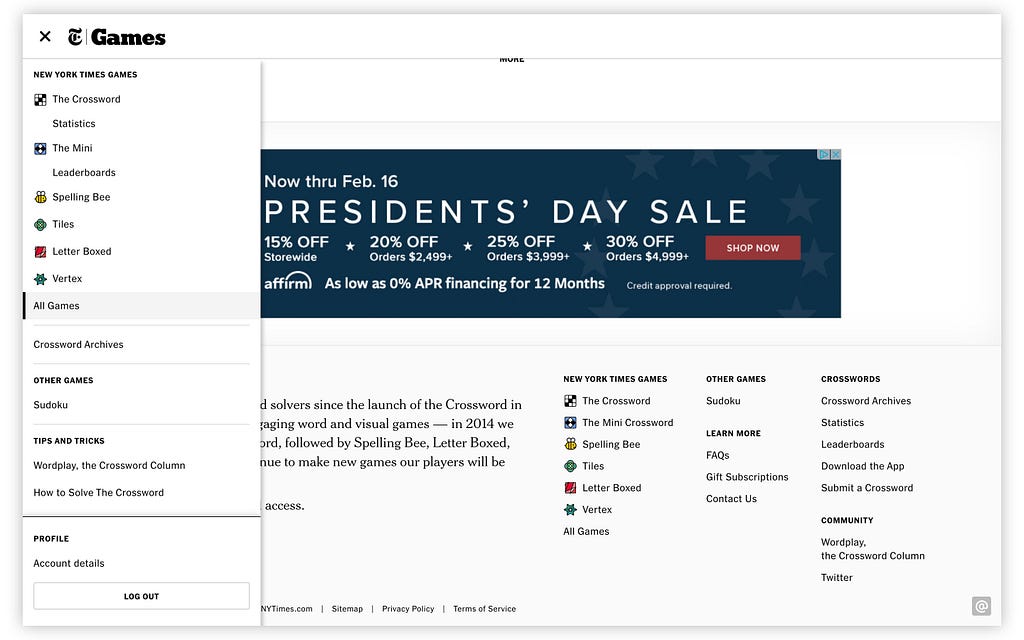 The games section of the Times website strips away their main nav in favor of games content.