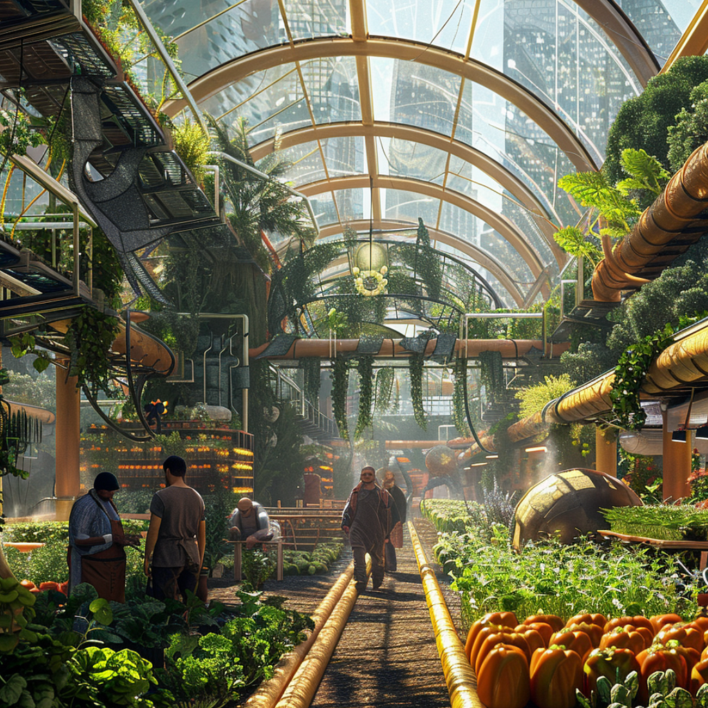 A solarpunk-inspired scene of a futuristic urban farm with people tending to plants. The setting includes lush greenery, vertical gardens, and advanced technological structures under a glass canopy, with a cityscape visible in the background.