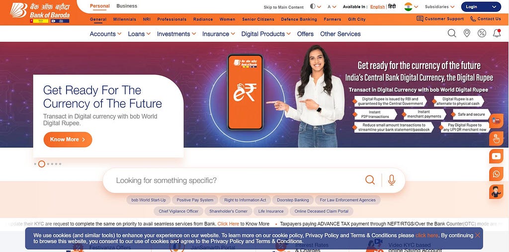 User interface of Bank of Baroda that is choked with content