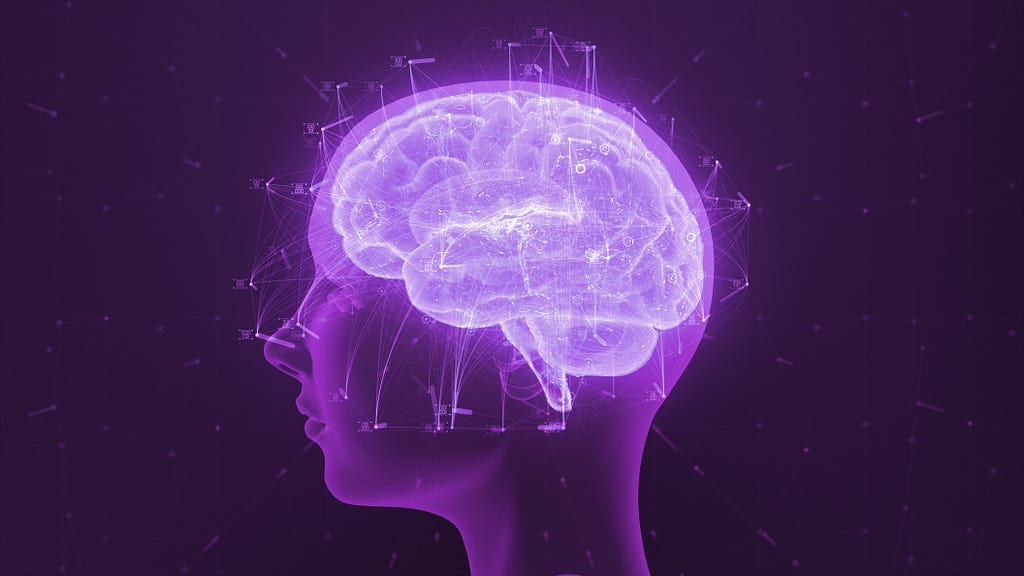 Holographic image of human brain on purple background.