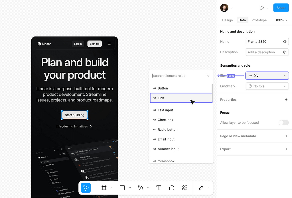 A mobile home page highlighting a button layer that says “start building”, and the data panel and combobox showing a designer choosing to assign the link element as the semantics for this layer.