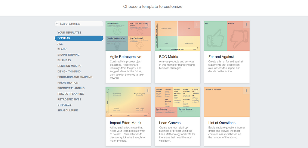 Template library shown with a use-case menu (brainstorming, decision-making, etc.). Includes different colored backgrounds.