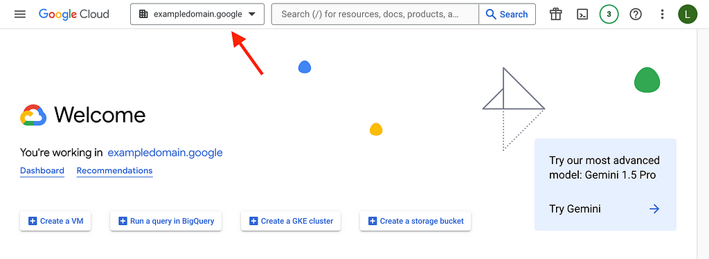 Screenshot showing the organization exampledomain.google being selected as a resource.