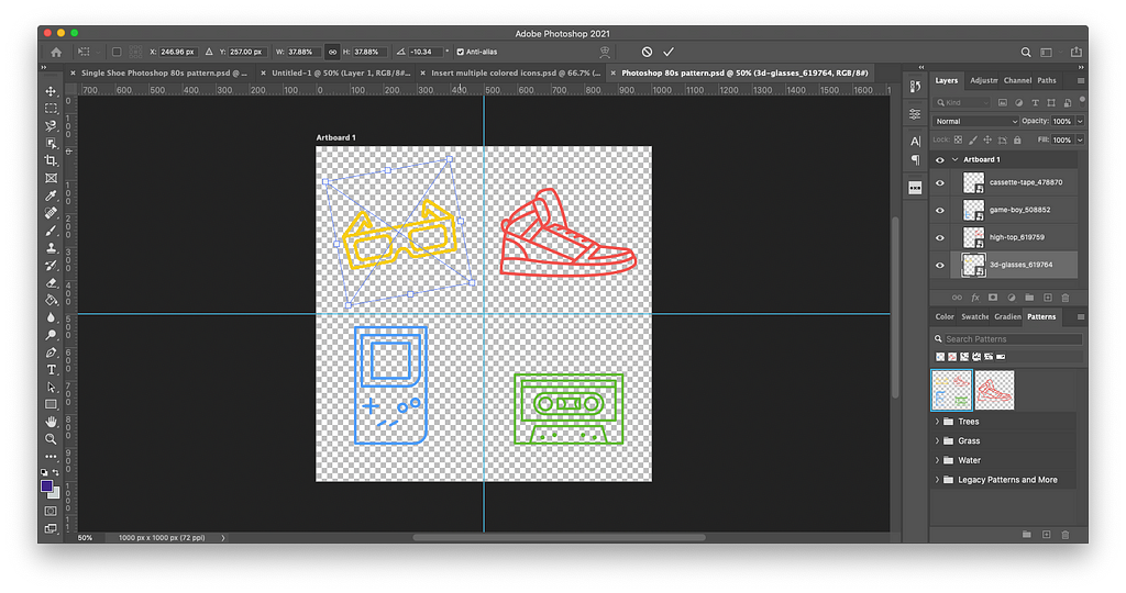 Step 7 of how to make pattern in Photoshop: Use the corners of each icon’s bounding box to scale and rotate each icon proportionally to your desired effect. Scale all contents together to ensure consistency.