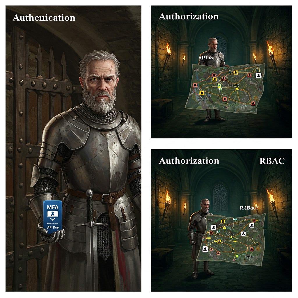 Split image showing authentication as a knight at a gate and authorization as access within a castle.